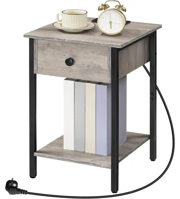 Produktbild von Nachttisch mit Ladestation, Schublade und Ablage, USB-Anschlüsse, Steckdose, Greige-Schwarz, 40 x 40 x 56 cm