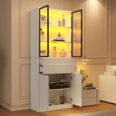 Produktbild von ODFU Glasvitrine 70 x 34 x 180 cm, Hochschrank mit 2 Glastüren und LED-Beleuchtung,Stauraumschrank mit 2 Schubladen, Wohnzimmerschrank, Weiß
