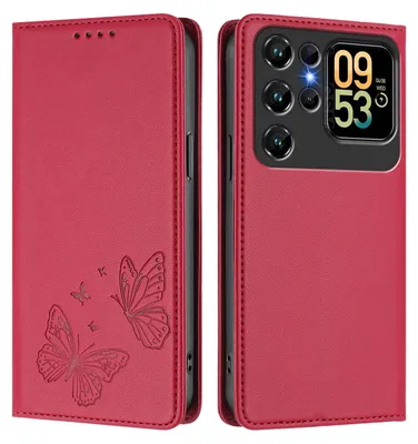 Produktbild von Lederhülle für Oukitel C62 / C62 Pro, Schmetterling Prägung Leder Brieftasche Schutzhülle mit Ständer Rot