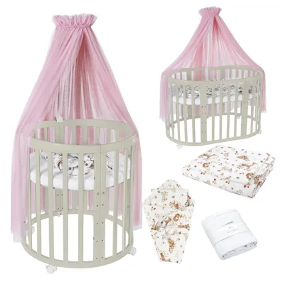 Produktbild von Waldin Babybett OWAL Kinderbett 7in1 mit Matratze, mitwachsendes Kinder-Bett,Stoffe Rosa Tiere,Holz olive