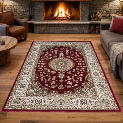 Imagen del producto de Alfombra roja y crema, diseño clásico de medallón, fácil de limpiar, tamaño ideal para el salón: 160 x 230 cm
