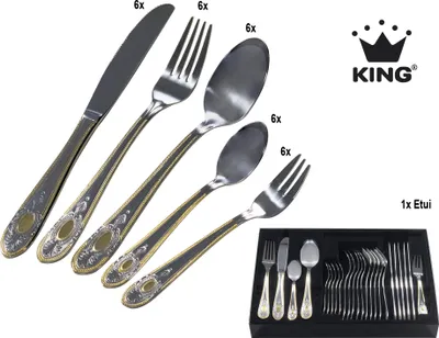 A set of cutlery is displayed with a box containing more cutlery. The KING logo is visible.