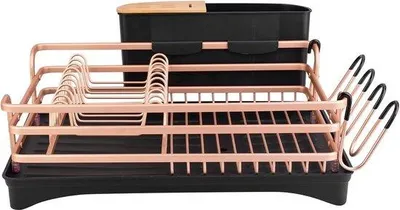 Imagen del producto de Soporte de escurreplatos Unyqoos® de aluminio con portavasos, cesto de cubiertos extraíble (con tapa de bambú) y recipiente escurridor, color dorado, 42 x 30 x 13,4 cm