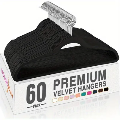 Produktbild von 60 Stück Rutschfeste Kleiderbügel, Platzsparend，360° drehbar,Rutschfester Samt Kleiderhalter， Premium Bügel inkl. Krawattenhalter,Schwarz.