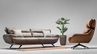 Productafbeelding van Stoffen bank, driezitter, fauteuil, chaise longue, gestoffeerde bank, grijze set