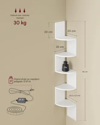 Productafbeelding van Wandplank met hoekdesign en RGB LED-verlichting, model LBC630W01, 5 niveaus, 20 x 20 x 126 cm, wit