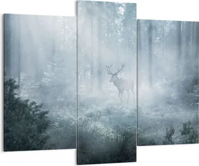 Produktbild von Bild auf Leinwand - Leinwandbild - 3 Teile - Hirsch Wald Morgendämmerung - 130x100cm - Wand Bild - Wanddeko - Wandbilder - Leinwanddruck - Bilder - Wanddekoration - Leinwand bilder - CB130x100-4667