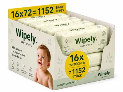 Produktbild von Wipely Baby Feuchttücher Sensitive 16er Set (1152 Stück) 99% Wasser, Ohne Parfum & Alkohol, getestet, Biologisch abbaubar recycelbar, KI-generiertes Bild