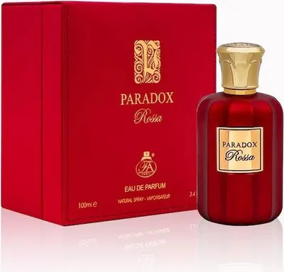 A red perfume box and bottle are displayed against a white background.