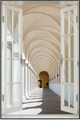Produktbild von Wallario Wandbild mit Fenster-Illusion: Gewölbegang, Größe: 61 x 91,5 cm, Poster mit schwarzem Aluminiumrahmen
