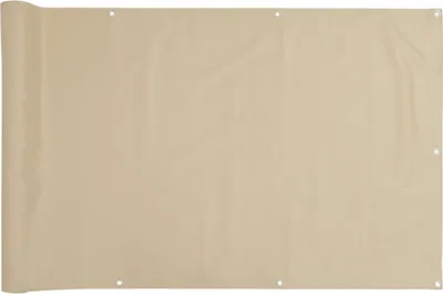 A beige balcony privacy screen is unrolled and laid flat.