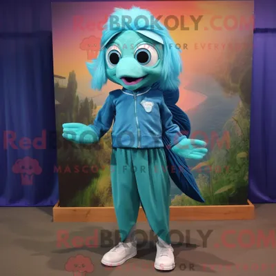 Produktbild von Teal REDBROKOLY Betta Fisch Maskottchen Kostüm Charakter gekleidet mit einer Bluse und Schnürsenkeln