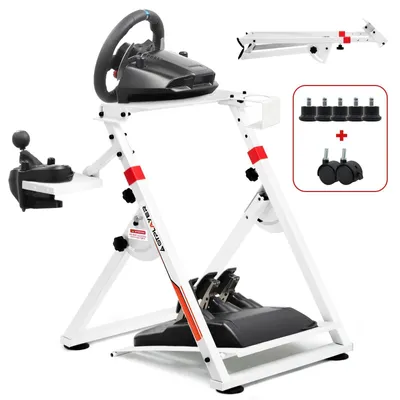 Immagine prodotto di Sedile da corsa con supporto per volante - GTS04 Racing-Cockpit - Inclinabile - Telaio metallico ribaltabile - Compatibile con volanti V1/V2 - Per PS4, Xbox e PC - Bianco