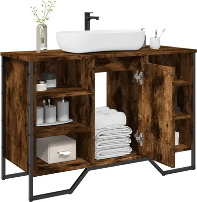 A bathroom vanity with a sink and faucet.