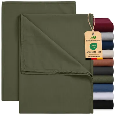 Produktbild von EllaTex 2er Pack Renforcé Bettlaken 140x200 Baumwolle – Betttücher Set ohne Gummizug, Farbe: Khaki