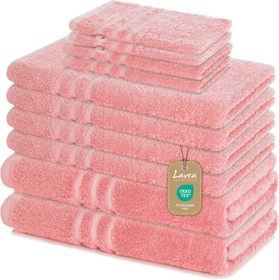 Produktbild von Lavea® Elena 10-teiliges Handtuch Set - 100% Baumwolle, 4x Handtuch + 2x Duschtuch + 2x Gästetuch + 2x Waschhandschuh, Bad & Gäste, Pastellrosa