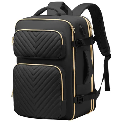Produktbild von HDeye Reise-Rucksack, Flugtauglich, erweiterbar, USB-Ladeanschluss, Schwarz, Polyester, Metallreißverschlüsse, 18x12,6x8 Zoll (45x32x20 cm), für 17,3 Zoll Laptops