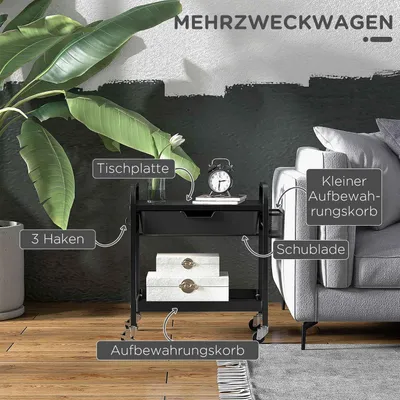 Produktbild von Servierwagen Rollwagen Mit 1 Schublade Und 1 Ablage, Küchenwagen Aufbewahrungswagen Mit Haken, Beistellwagen