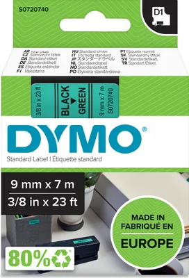 Produktbild von DYMO Original D1-Etikettenband | schwarz auf grün | 9 mm x 7 m | selbstklebendes Schriftband | für LabelManager-Beschriftungsgerät