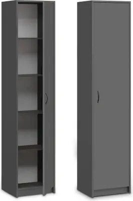 A tall, narrow gray cabinet is shown from two angles: one with the door open revealing shelves, and one with the door closed.