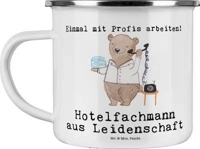 Produktbild von Mr. & Mrs. Panda Emaille Becher Hotelfachmann Leidenschaft - Weiß - Geschenk, Hotelier, Kaffeepott, Haferl, Witzig, Spruch, Teetasse, Ausbildung, Tasse, Lustig, Pott