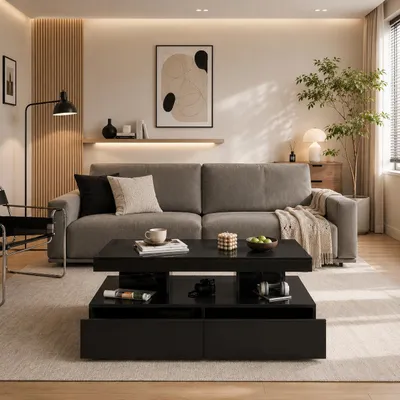 Produktbild von INONEFT Couchtisch Hochglanz mit Beleuchtung, Wohnzimmertisch mit 3 Offenem Stauraum, Sofatisch Beistelltisch mit 2 Schubladen, Schwarz, KI-generiertes Bild