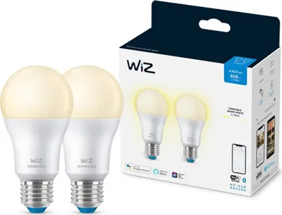 Productafbeelding van 2 x WiZ Smart LED A60 Birnen 8W = 60W E27 matt 806lm warmweiß 2700K dimmbar App Google Alexa WiFi