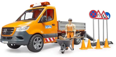 Produktbild von bruder 02677 - Mercedes-Benz Sprinter Kommunal mit Light & Sound Modul Fahrer & Zubehör Baustellen-Fahrzeug Bauarbeiter Transporter Tieflader LKW 1:16