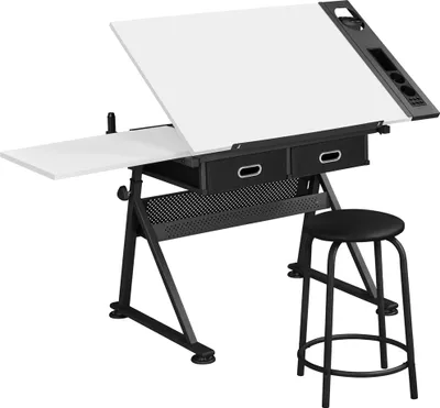 Produktbild von Yaheetech Zeichentisch Architektentisch Schreibtisch Verstellbarer Tischplatte Arbeitstisch mit Hocker und Schubladen Höhenverstellbar für Techniker Architekten Weiß