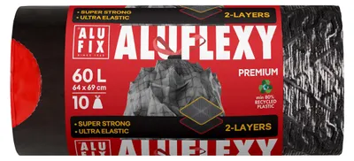 Productafbeelding van Vuilniszak Aluflexy, 64x69 cm, 60 liter, 33 micron, met trekkoord, zilver-zwart, 10 stuks