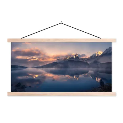 Produktbild von MuchoWow® Textilposter Landschaft - Wasser - Berg - Schnee - Sonnenuntergang 120x60 cm mit holzfarbenen Rahmen - Klemmleiste