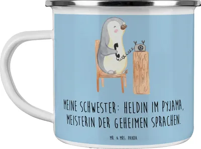 Produktbild von Mr. & Mrs. Panda Teetasse Schwester Heldin - Blau Pastell - Geschenk, Familiengeschenk, Emaille Tasse, Teebecher, Geburtstage, Geheimsprache, Pott, Geschenke, Motivtasse