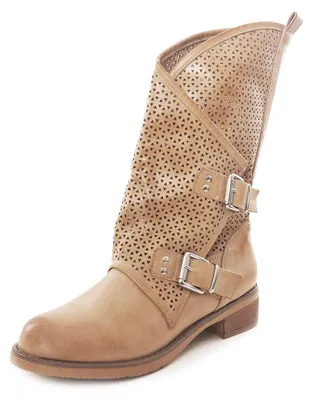 Productafbeelding van Elzusha - Dames Biker Boots met Gespen - Enkelhoog - Faux Leer Beige