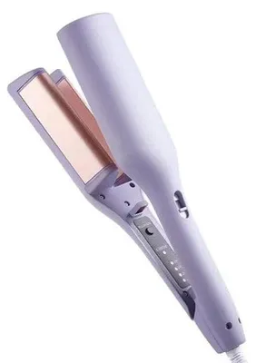 Lavendel-Haarglätter mit Roségold-Keramikplatten, leicht geöffnet auf weißem Hintergrund