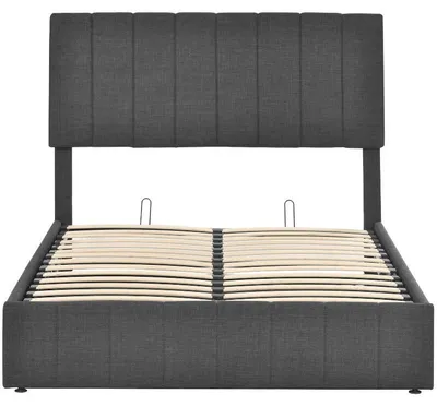 Image de Lit double avec sommier à lattes, tête de lit hydraulique et tiroirs de rangement – 140x200 cm – Gris