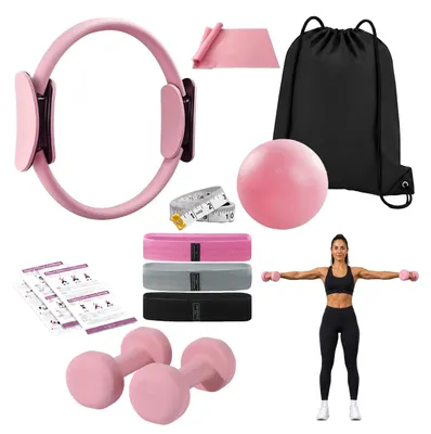 Obrázek produktu pro Relaxdays, sada pro pilates, 11 dílů, včetně kruhu, míče, 4 odporových gum, 2 činek, tašky. Příslušenství pro pilates pro domácí použití, barva růžová
