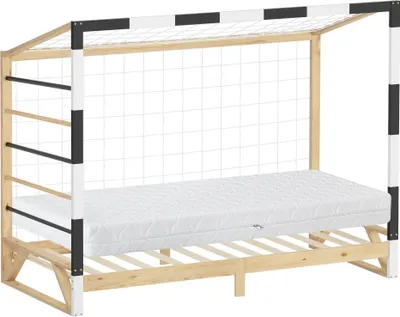 A children's bed designed to look like a soccer goal, complete with a mattress and net.
