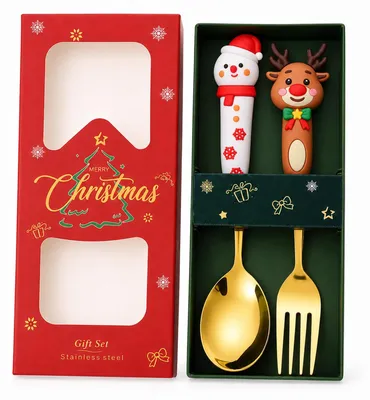 Weihnachtsbesteck-Set, 2-teilig, Schneemannlöffel, Rentiergabel, Gold