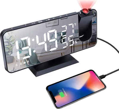 Produktbild von Digitaler Projektionswecker für Schlafzimmer, Radiowecker mit Deckenprojektion, zwei Alarme, USB-Ladeanschluss, Temperatur- und Feuchtigkeitsanzeige, 7,3 Zoll großes LED-Spiegeldisplay, lauter Wecker