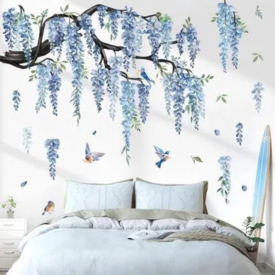 Produktbild von Grosse Blumen Wandsticker Blauw - Weinreben Blumen Dekoration für Schlafzimmer, Wohnzimmer und TV Hintergrund