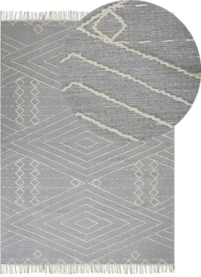 Produktbild von BELIANI Teppich Läufer Grau Baumwolle und Wolle Rechteckig 80 x 150 cm mit Geometrischem Muster Fransen Handgewebt Boho Skandinavisch Kurzhaar Kurzflor