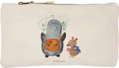 Produktbild von Mr. & Mrs. Panda beauty case Pinguin & Maus Wanderer Größe S Klein - Weiß - Geschenk, Mäppchen, Kulturbeutel, Wandern, Roadtrip, Abenteuer, Federmappe, Wanderlust, Etui
