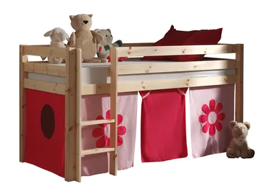 Produktbild von Vipack Spielbett Pino mit Textilset "Pink Flower" - Kiefer massiv natur lackiert, Maße: 210 cm x 114 cm x 106 cm; PICOHSZG1073