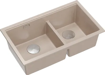 Produktbild von QUADRON Spülbecken 2-Becken Spüle | Größe: 78 x 50 x 23,5 cm | LOGAN 120 | Küchenspüle Granitspüle aus GraniteQ mit Siphon | Schwarz + Stahl PVD