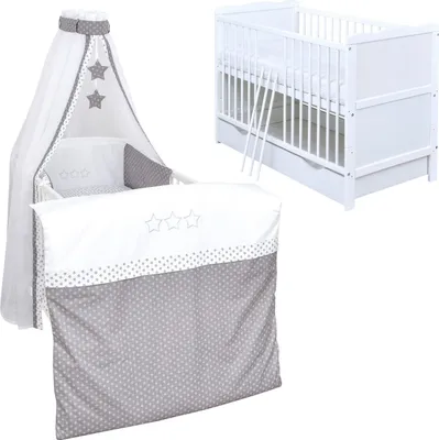 Produktbild von Baby-Delux Babybett Kinderbett Jack 140×70 weiß inkl. Schublade Bettwäsche komplett Set Grey Stars