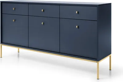 Produktbild von Sideboard 150 cm Monti - Kommode mit Schubladen, Wohnzimmer, Metallbeine 18 cm, Kommode mit 3 Türen (Blau + Gold)