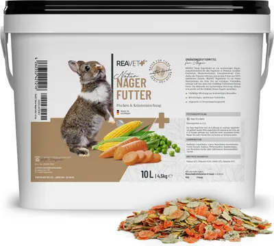 Produktbild von REAVET Natur Nagerfutter 10 Liter - Kaninchenfutter, Meerschweinchen Futter, Hamster, Nager - Artgerecht mit Gemüseflocken, Kräutern, Getreide, und Luzerne, Ohne künstliche Zusätze