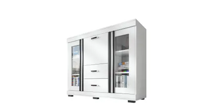 Produktbild von Kombikommode L13, 2 Vitrinentüren, 2 Schubkästen, Barschrank, B130xH106xT43 cm, komplett vormontiert - Weiß