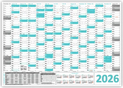 Produktbild von XL Wandkalender Wandplaner 2026 türkis (gerollt) DIN A1 Format (594 x 841 mm) 14 Monate komplette Jahresvorschau Folgejahr und Ferientermine Feiertage aller Bundesländer