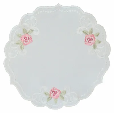 Tischdecke mit Rosenstickerei, rund, 30 cm, weiß, Polyester